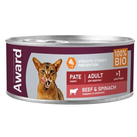 Консервы AWARD Adult паштет из говядины со шпинатом для взрослых кошек 100г