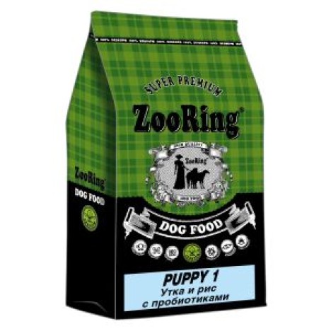 Сухой корм ZooRing Puppy 1 утка и рис с пробитиками для щенков средних и крупных пород