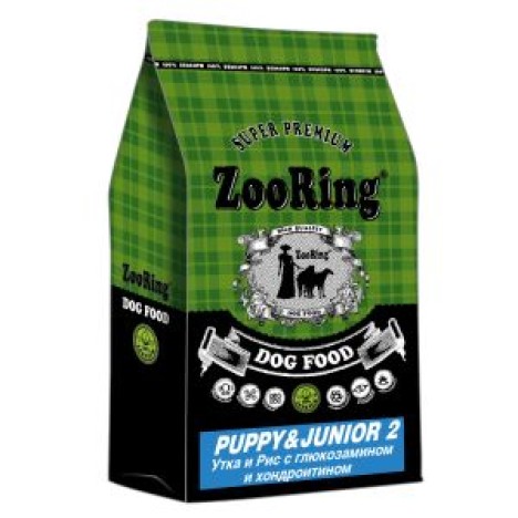 Сухой корм ZooRing Puppy&Junior 2 утка и рис с глюкозамином и хондроитином для щенков и юниоров средних и крупных пород
