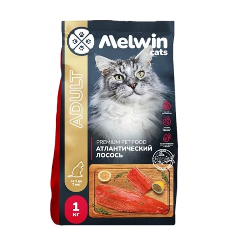 Сухой корм MELWIN с атлантическим лососем для кошек от 1 до 7 лет 