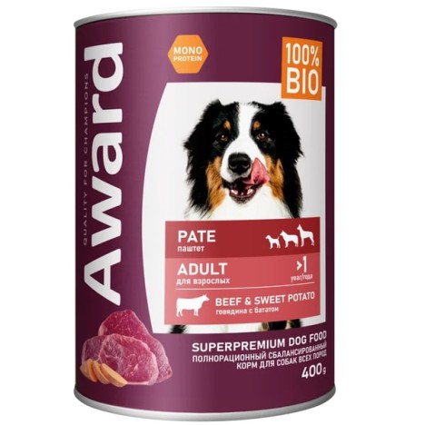 Консервы AWARD Adult паштет из говядины с бататом для взрослых собак  400г