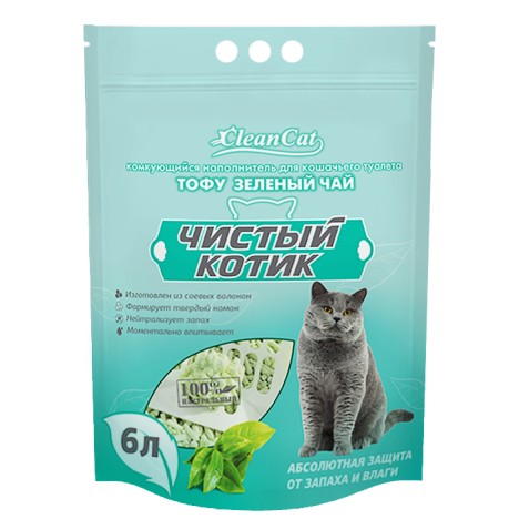 Комкующийся наполнитель Чистый котик ТОФУ зеленый чай, 6л