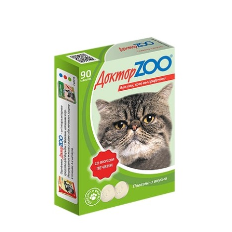 Мультивитаминное лакомство Доктор Zoo со вкусом печени и биотином для кошек 90таб.