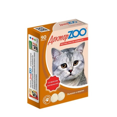 Мультивитаминное лакомство Доктор Zoo со вкусом копченостей и биотином для кошек 90таб.