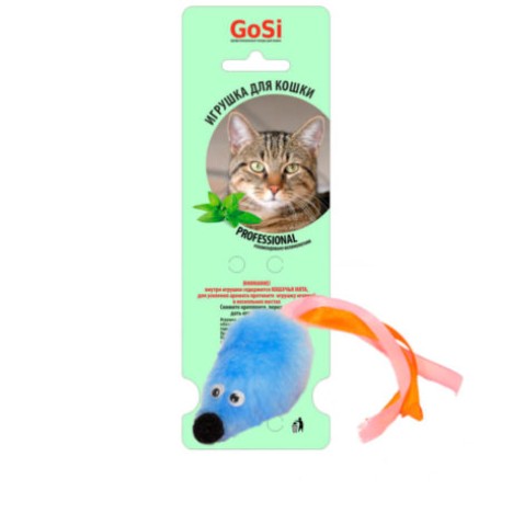 Игрушка GoSi Мышь с мятой на веревке, голубой мех, с хвостом из перьев АРТ.07165
