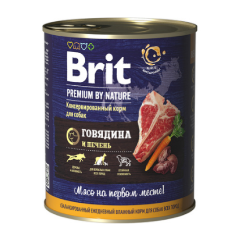 Консервы Brit Premium с говядина и печенью для взрослых собак всех пород 850гр