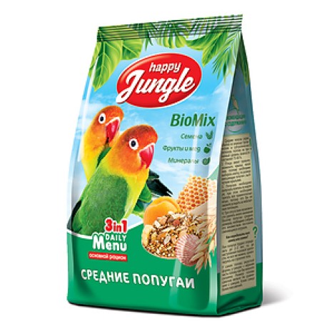 Корм Happy Jungle для средних попугаев, 500гр