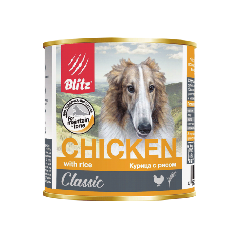 Консервы Blitz CLASSIC Chicken & Rice с курицей и рисом для собак всех пород и возрастов 750гр