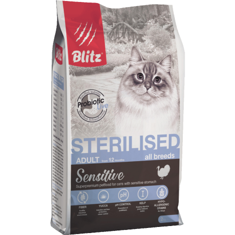 Сухой корм Blitz SENSITIVE Sterilised Turkey Adult All Breeds с индейкой для стерилизованных кошек 