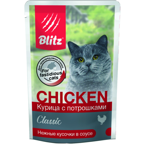 Влажный корм Blitz «Курица с потрошками» нежные кусочки в соусе для взрослых кошек, 85гр