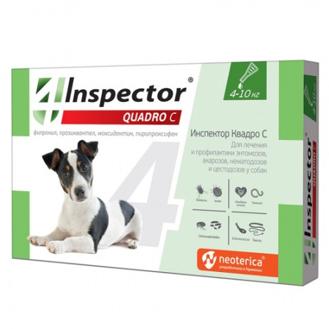 Капли Inspector Quadro от клещей, блох, власоедов и гельминтов для собак 4-10кг (1пип)