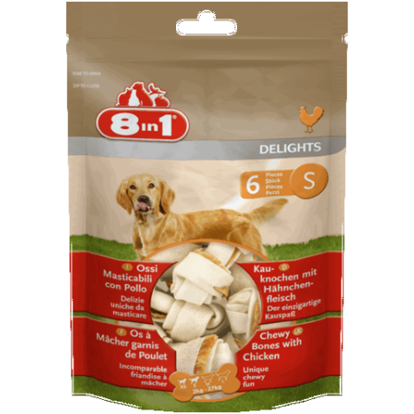 Лакомство 8in1 DELIGHTS S косточки с куриным мясом для мелких и средних собак 11 см 6 шт (пакет)