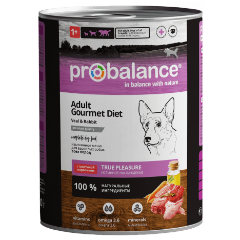 Консервы ProBalance Gourmet Diet Adult с телятиной и кроликом для взрослых собак 850г