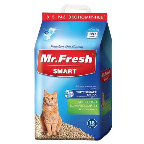 Древесный комкующийся наполнитель Mr.Fresh Smart для короткошерстных кошек