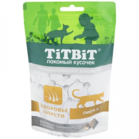 Лакомство TitBit Хрустящие подушечки с лососем для здоровья шерсти для кошек 60 г