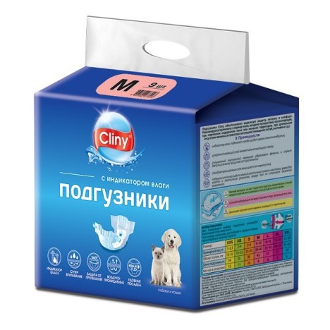 Подгузники Cliny для собак и кошек размер M (5-10 кг, 30-40см), 9шт