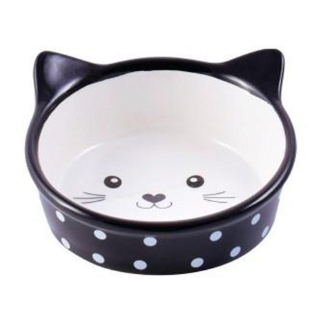 Миска Mr.Kranch "Мордочка кошки" керамическая для кошек, черная в горошек 250 мл 