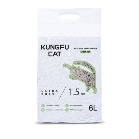 Соевый комкующийся наполнитель Kungfu Cat Green Tea с ароматом зеленого чая, 2,6 кг (6л)