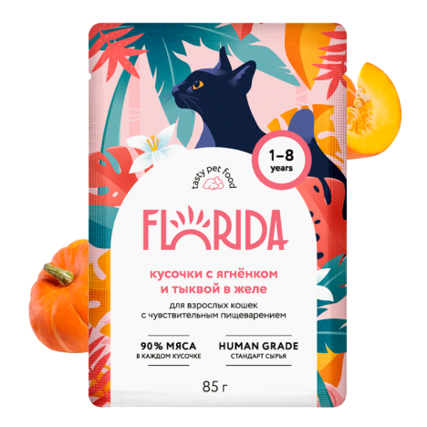 Влажный корм FLORIDA кусочки с ягненком и тыквой в желе для кошек с чувствительным пищеварением 85г