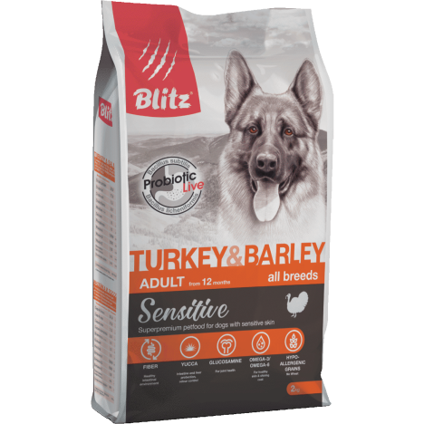 Сухой корм Blitz SENSITIVE Turkey & Barley Adult Dog All Breeds с индейкой и ячменем для взрослых собак всех пород