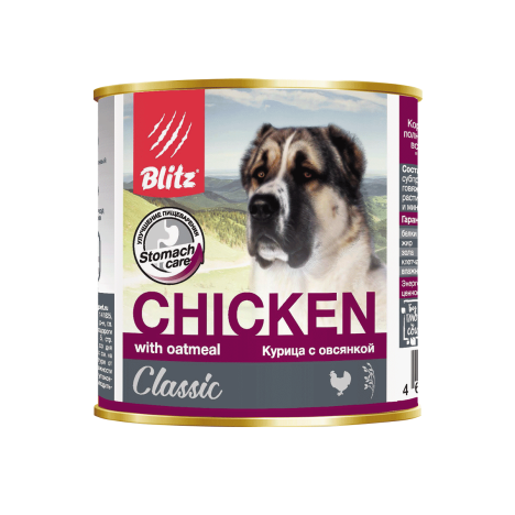 Консервы Blitz CLASSIC Chicken & Oatmeal с курицей и овсянкой для собак всех пород и возрастов 750гр