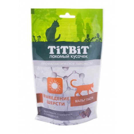 Лакомство TitBit Хрустящие подушечки с говядиной для выведения шерсти для кошек 60 г