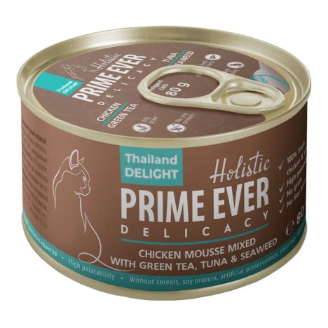 Консервы Prime Ever 3A Delicacy мусс из цыплёнка с кусочками тунца, зелёным чаем и водорослями для кошек 80 г