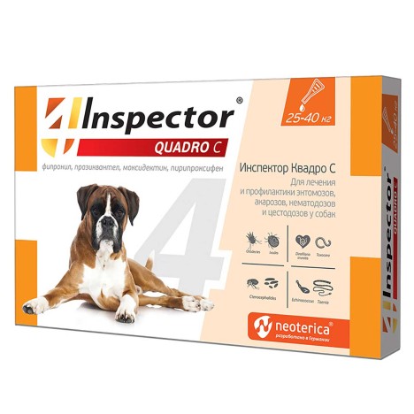 Капли Inspector Quadro от клещей, блох, власоедов и гельминтов для собак 25-40кг (1пип)