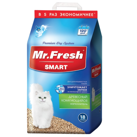 Древесный комкующийся наполнитель Mr.Fresh Smart для длинношерстных кошек