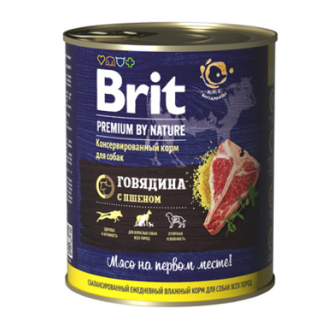 Консервы Brit Premium с говядиной и пшеном для взрослых собак всех пород 850г