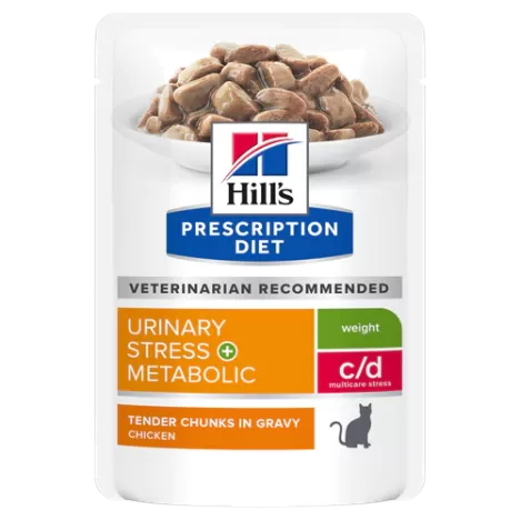 Влажный корм Hill's Prescription Diet c/d Urinary Stress + Metabolic (Urinary + Weight Care) с курицей для кошек при профилактике цистита (вызванного стрессом) способствует снижению и контролю веса 85г